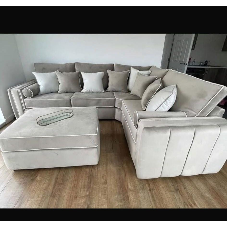 Lilly Corner Sofa with table – Cream Velvet L-Shape Elegance