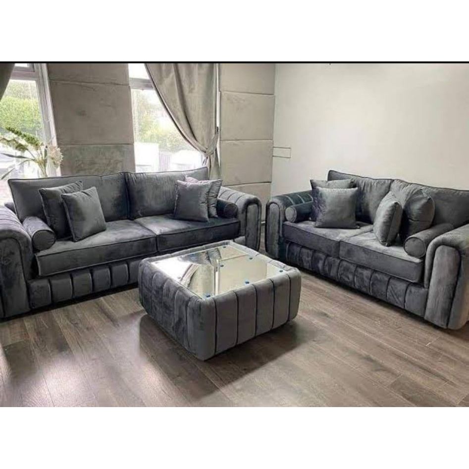 Lilly Sofa with table – 3 Seater & 2 Seater | Chenille & Naples Fabric | Dark Grey Luxury Sofa
