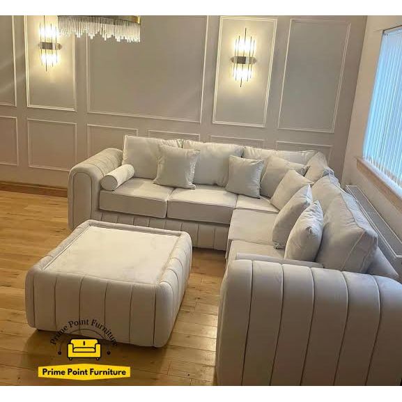 Lilly Cream Plush Corner Sofa with Footstool/ Table – Elegant Chenille Comfort