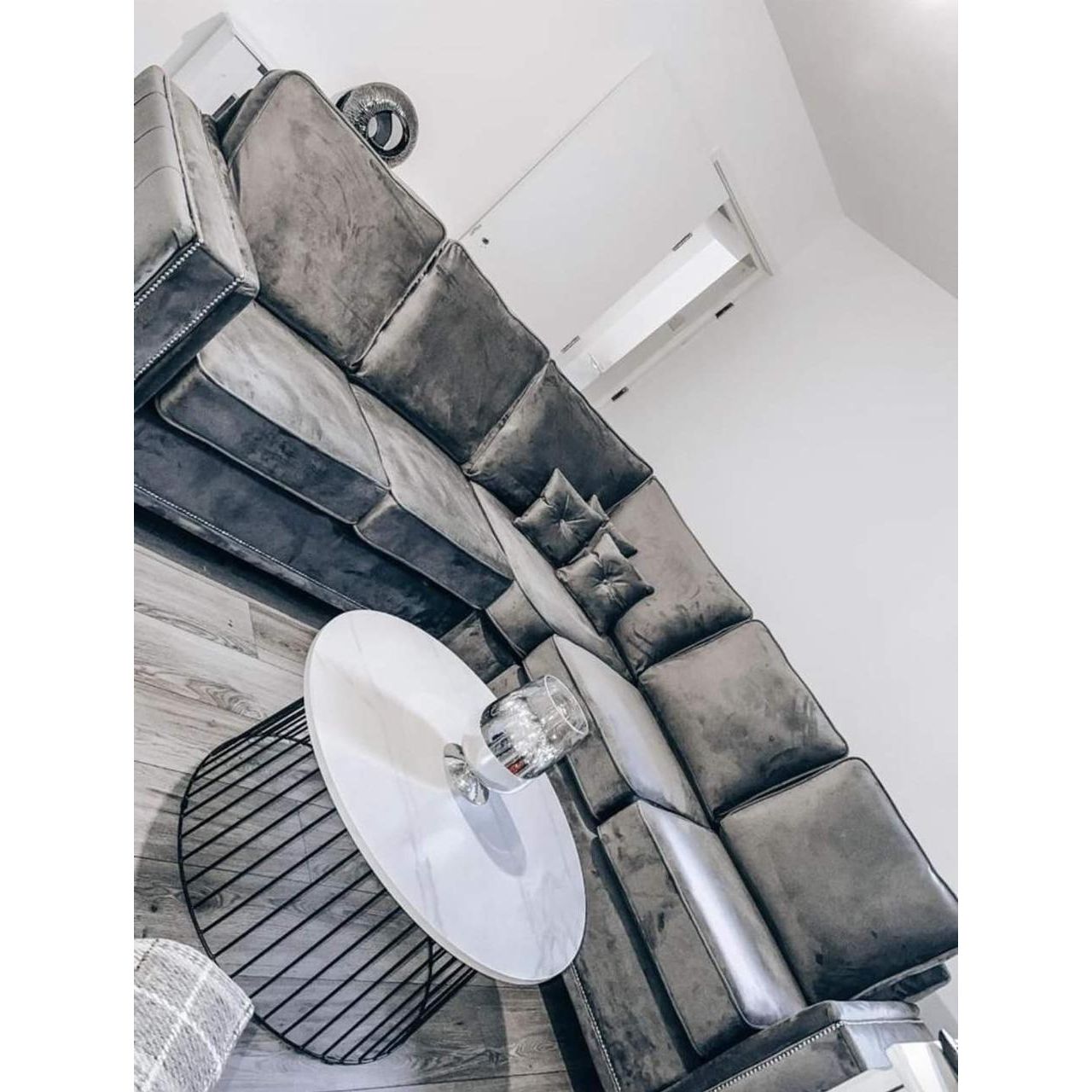 Lilly Silver Corner Sofa with Table– Elegant L Shape Design with Plush Velvet Comfort