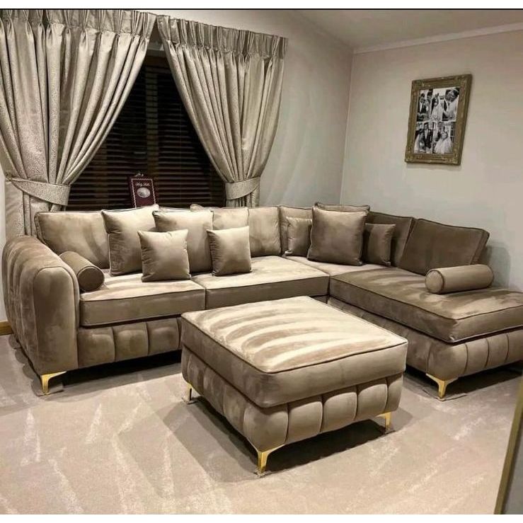 Lilly Champagne Velvet Corner Sofa with Footstool – Luxury Gold Leg Design