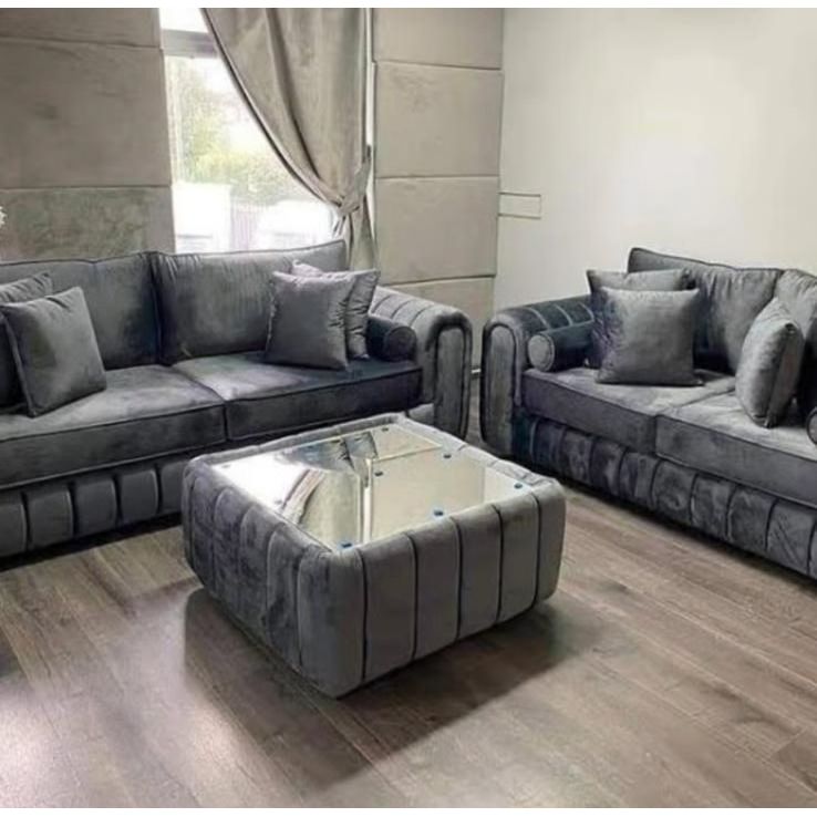 Lilly Sofa with table – 3 Seater & 2 Seater | Chenille & Naples Fabric | Dark Grey Luxury Sofa