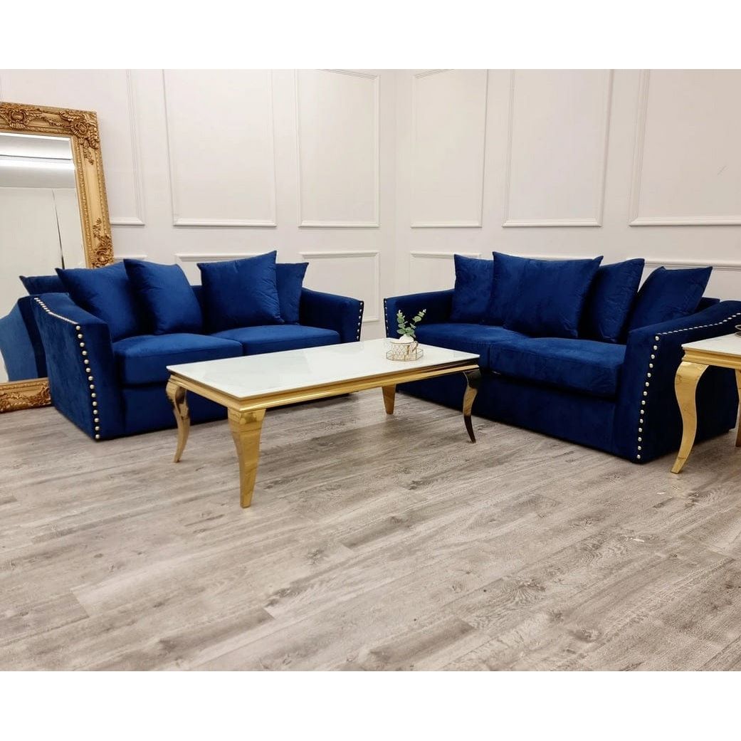 Lilly Sofa with table– 3 Seater & 2 Seater in Royal Blue | Chenille & Naples Fabric | Gold Trim Design
