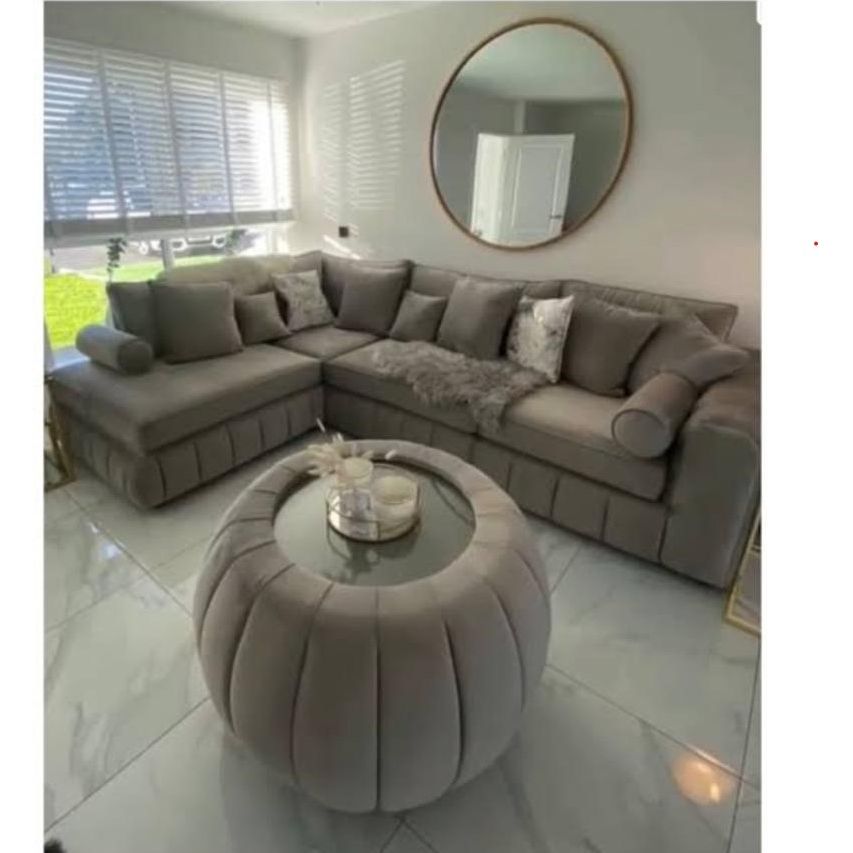 Lilly Velvet Corner Sofa with Table – Soft Grey Modern L-Shape Luxury