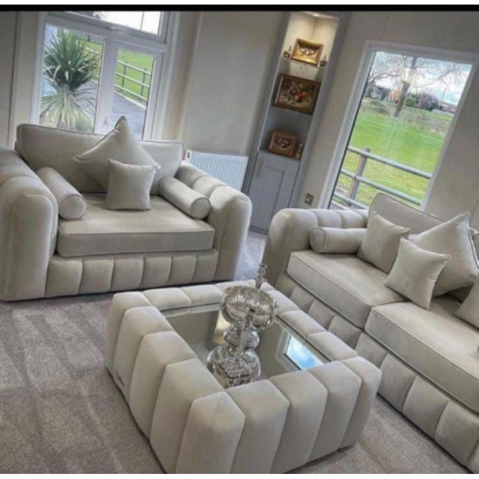 Lilly Sofa with Table – 3 Seater & 2 Seater in Cream Beige | Chenille & Naples Fabric | Modern Luxury Design