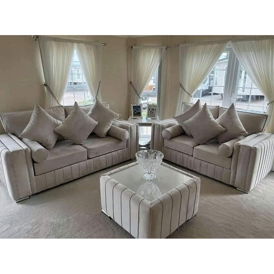 Lilly Sofa with Table – 3 Seater & 2 Seater in Cream Beige | Chenille & Naples Fabric | Modern Luxury Design