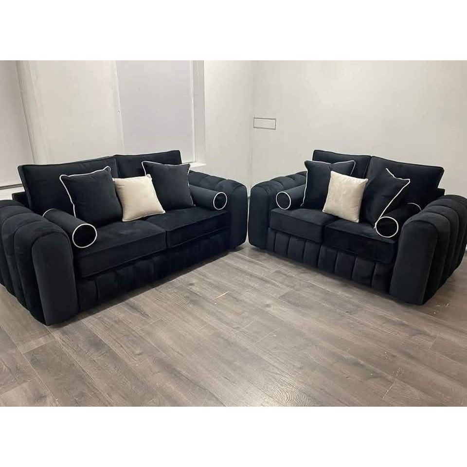 Lilly Sofa Set – 3 Seater & 2 Seater in Black with White Piping | Chenille & Naples Fabric