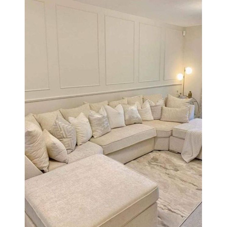U-Shape Ashton Chesterfield Sofa – Cream Plush Velvet 5 Seater Sofa