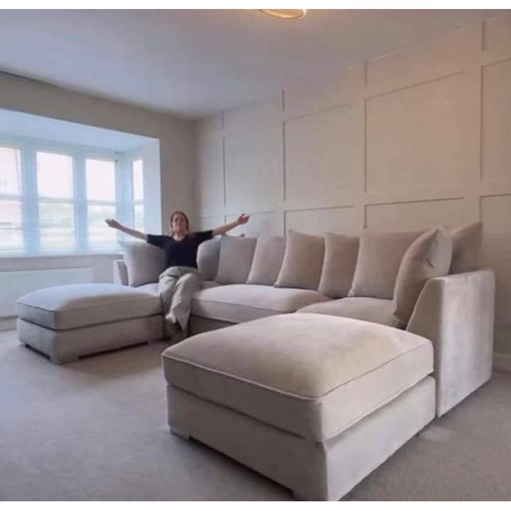 U-Shape Chesterfield Sofa – Cream Plush Velvet Fabric 5-Seater