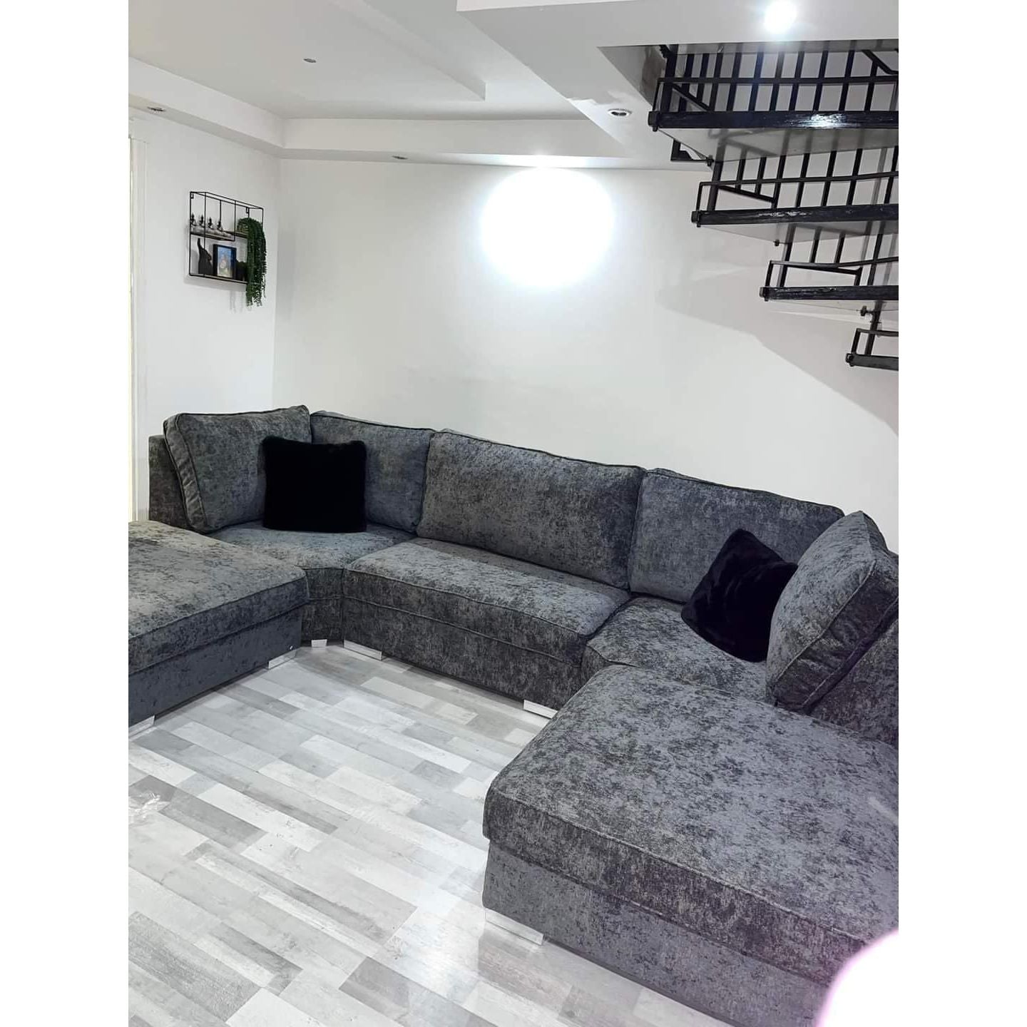 U-Shape Ashton Chesterfield Sofa – Dark Grey Chenille Fabric 5-Seater