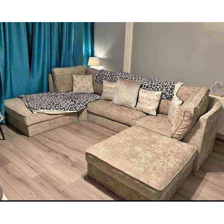 U-Shape Ashton Chesterfield Sofa – Champagne Chenille Fabric 5-Seater