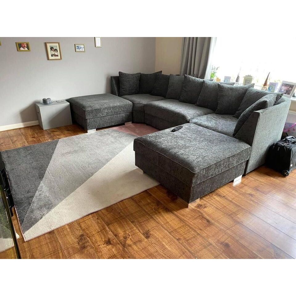 U-Shape Ashton Chesterfield Sofa – Silver Chenille Fabric 5-Seater