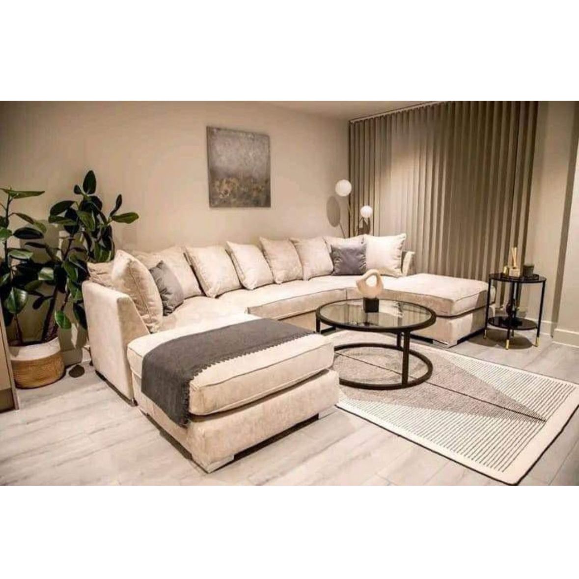 U-Shape Chesterfield Sofa – Cream Plush Velvet 5-Seater with Table