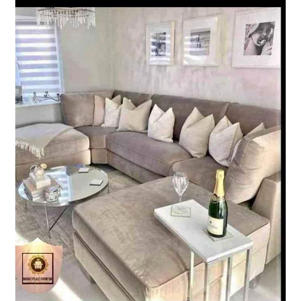 U-Shape Chesterfield Sofa – Light Beige Plush Velvet 5-Seater with Table