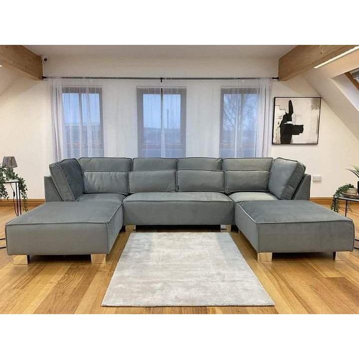 U-Shape Ashton Chesterfield Plush Velvet Sofa – Grey 5 Seater Modern Sofa