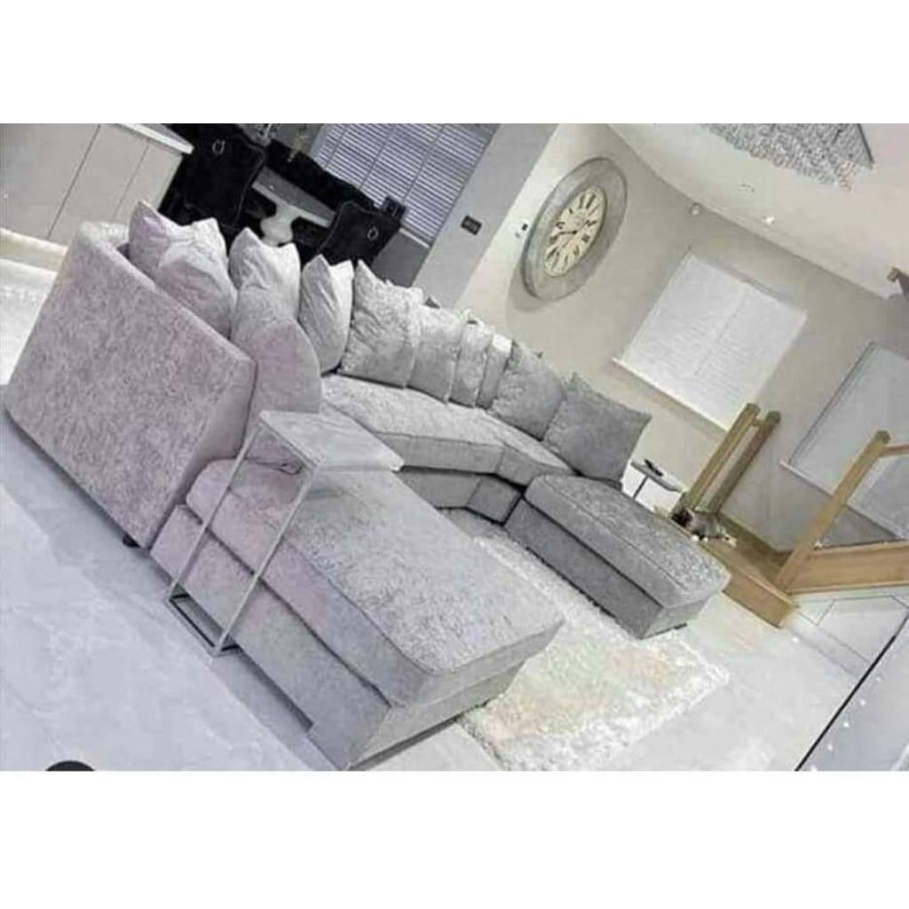 U-Shape Ashton Chesterfield Crushed Velvet Sofa – Silver 5 Seater Luxury Sofa